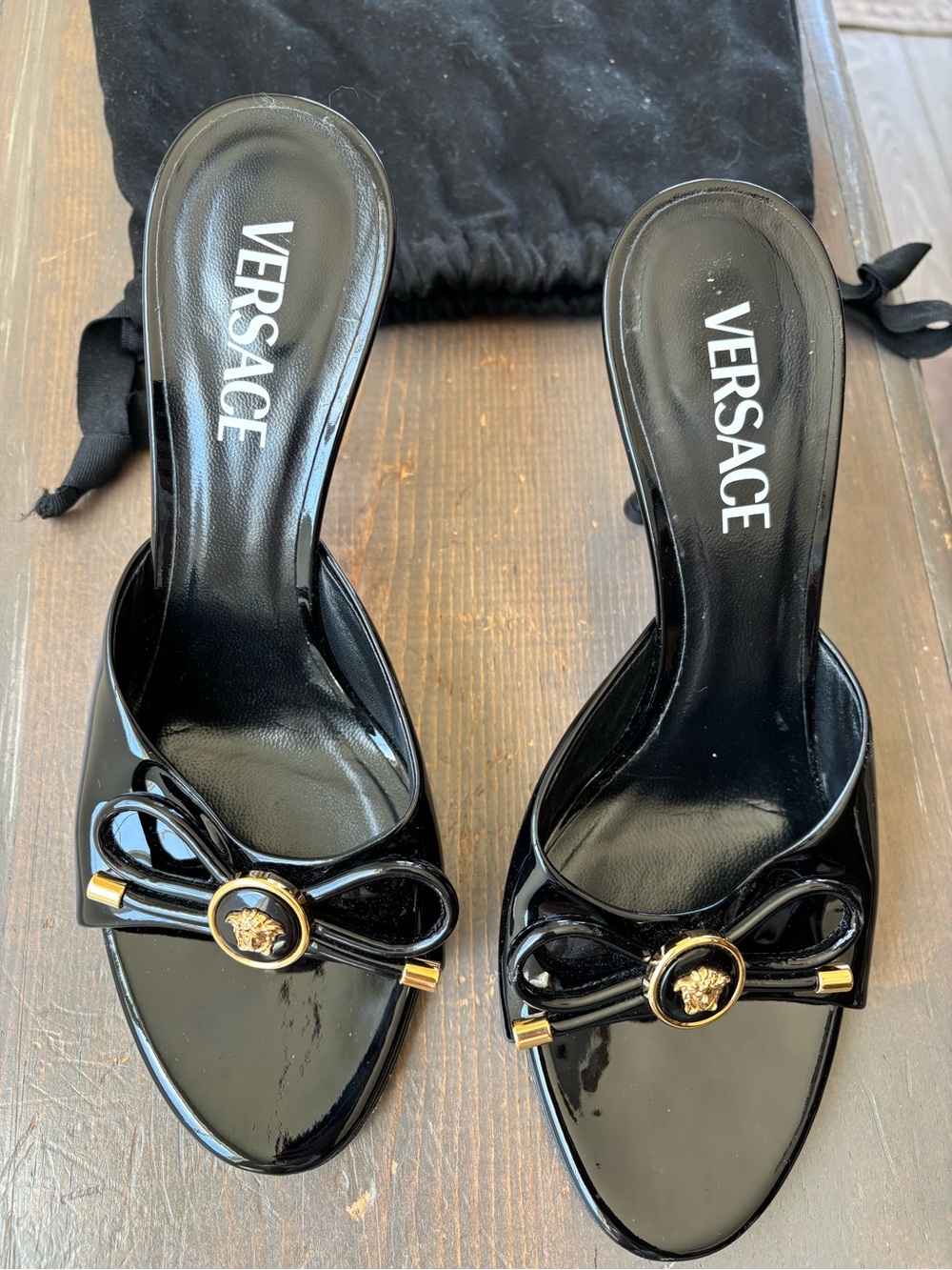 Versace Black Patent Leather Medusa Bow Mules